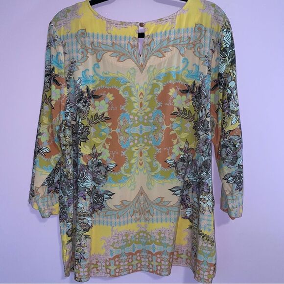 Soft Surroundings Boho Blouse Jersey Knit Top 3/4 Sleeve Yellow Psychedelic XL - Picture 2 of 10